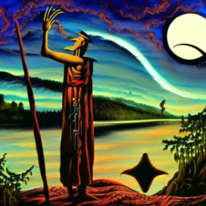 Chamán en el lecho del río soñando con rapé estrelar