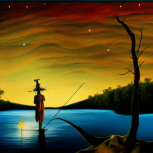 Chamán en el lecho del río soñando con rapé estrelar