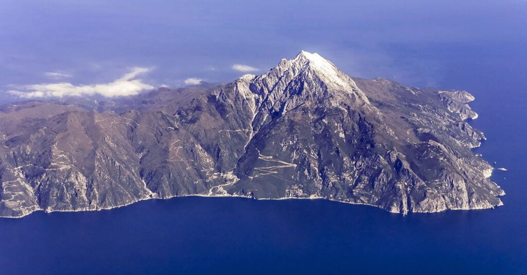 Mount Athos seen from the sky. Famous for its mount athos incense