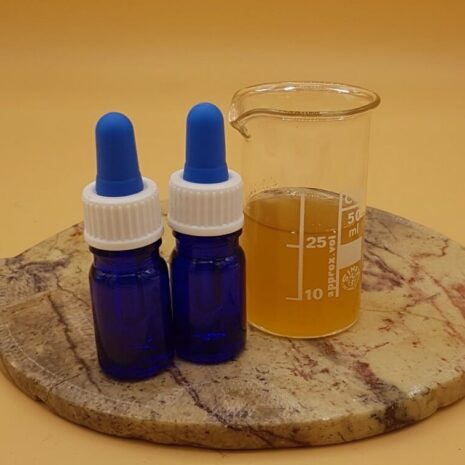 two cobalt blue bottles with a beaker next to it containing sananga liquid, on a platter